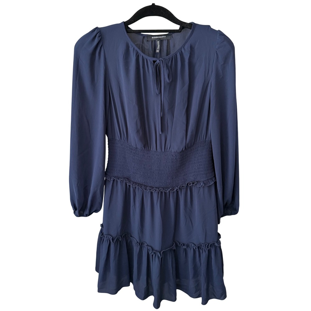 BCBGMAXAZRIA Mini Dress Women XXS Navy Blue Smocked Waist Tiered Ruffle Tie Neck